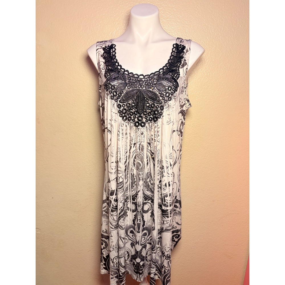 Y2K Apt 9 Black White Baroque Print Crochet Lace Bib Sleeveless Tunic Top #11